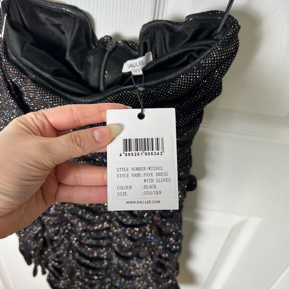SAU LEE Revolve Black Strapless Faye Metallic Ruched Mini Dress W/ Gloves 4 - Picture 9 of 9